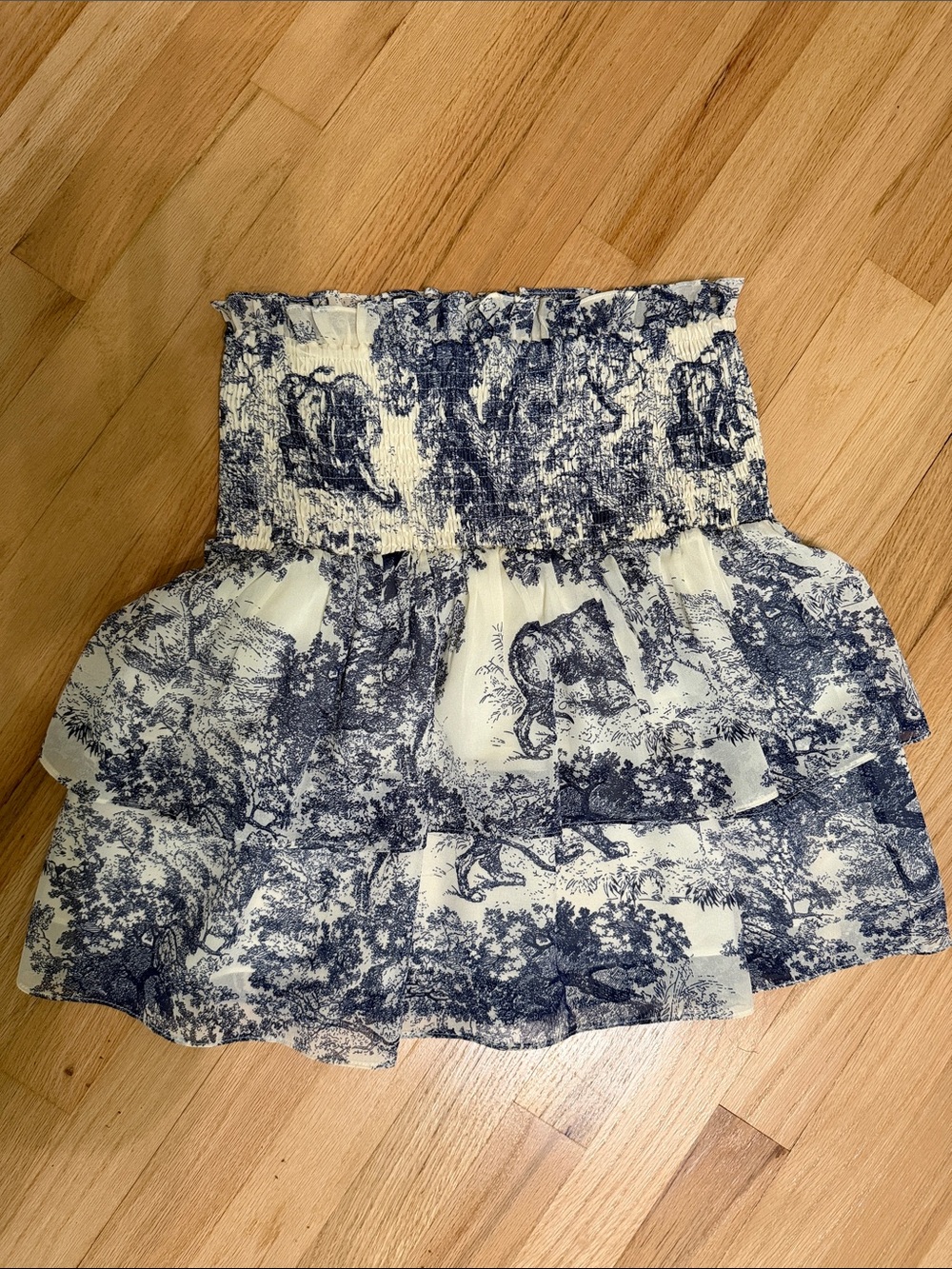 AQUA Smocked Tiered Ruffle Mini Skirt in Navy Toile
